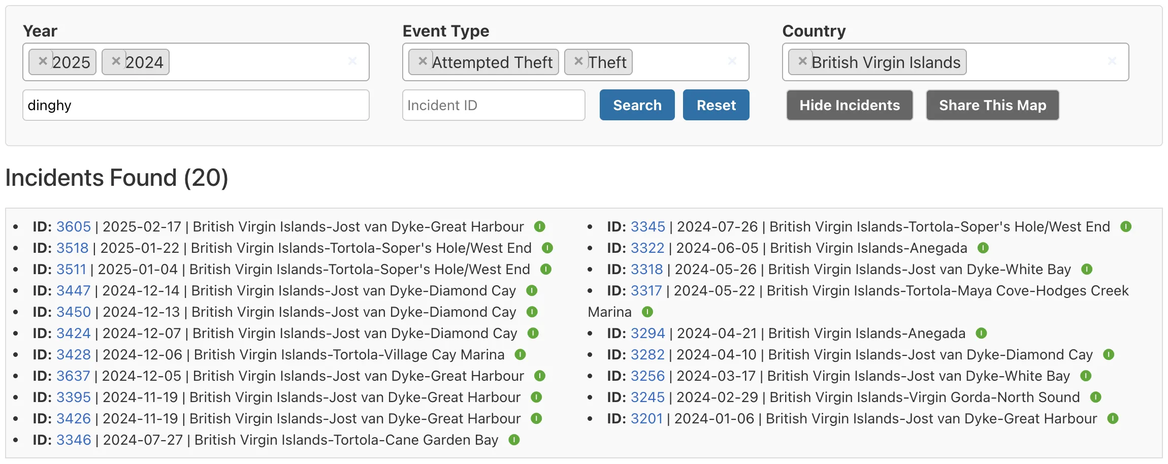 Example of incident listing below the map showing a comprehensive list of incidents with sortable columns and detailed information