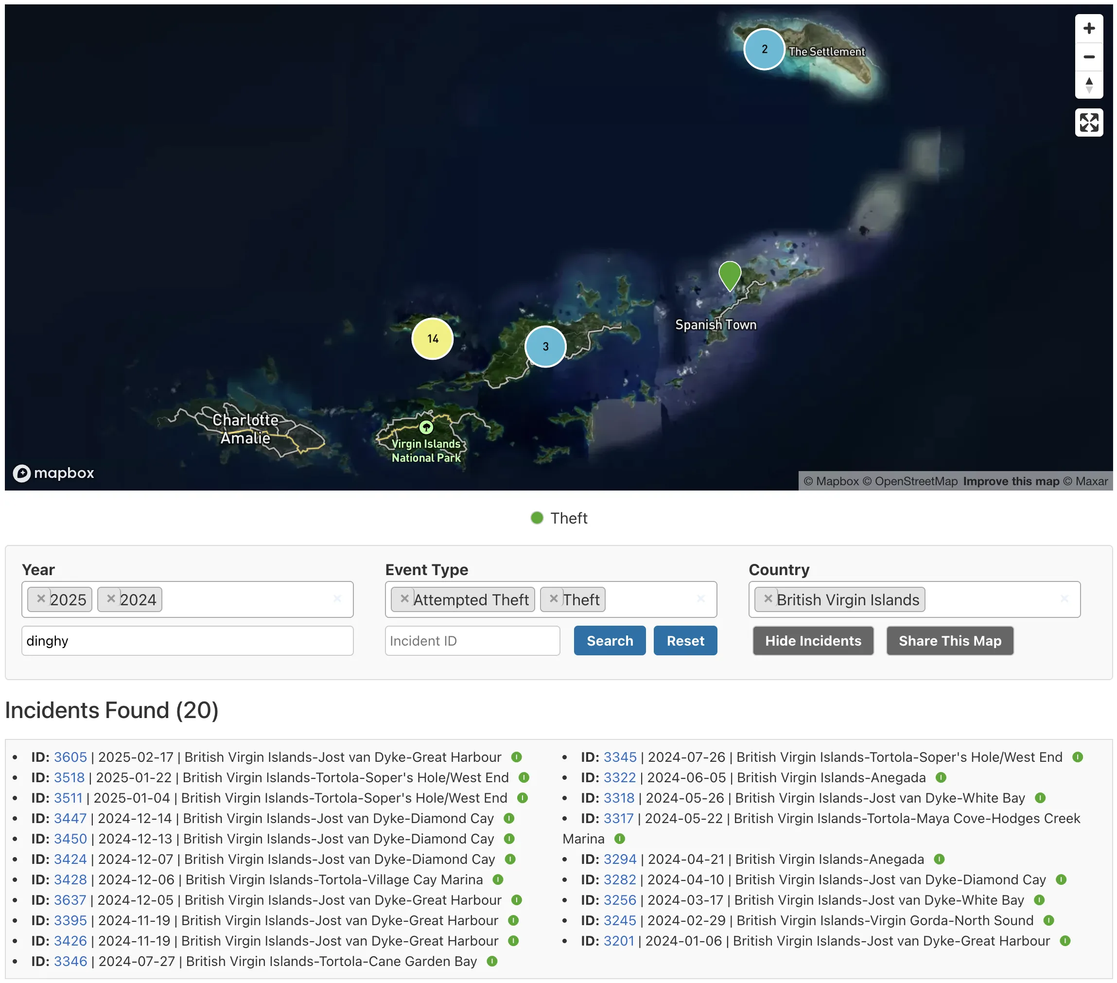 Example of search and filter controls on the interactive map showing various filter options and keyword search