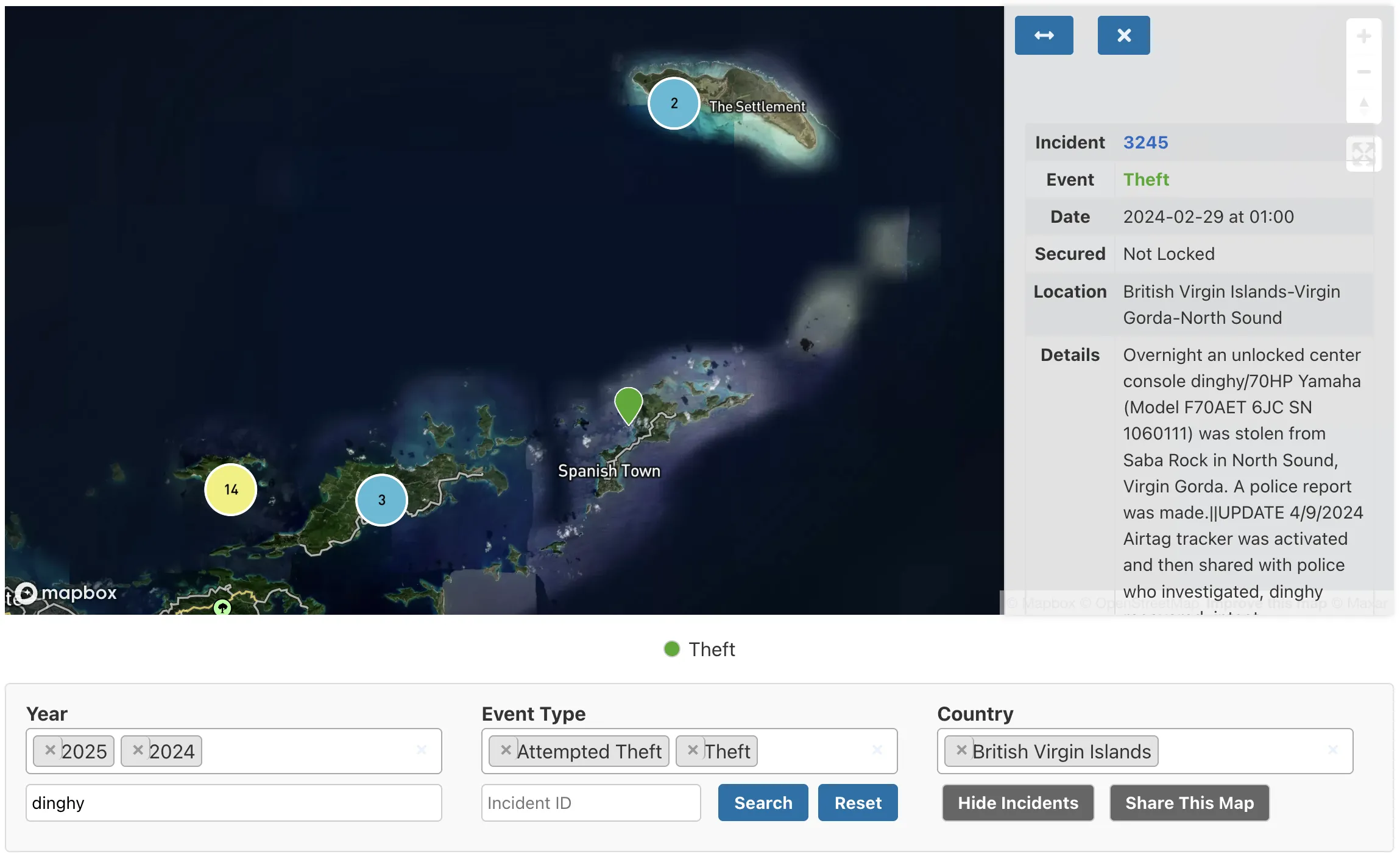 Example of incident details panel showing comprehensive information about a specific incident including location, date, time, and full description