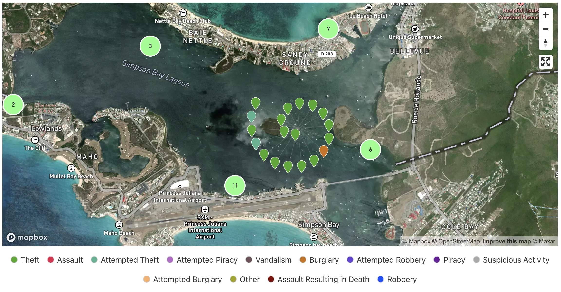 Example of spiderfy functionality showing markers arranged in a spiral pattern when a cluster is clicked