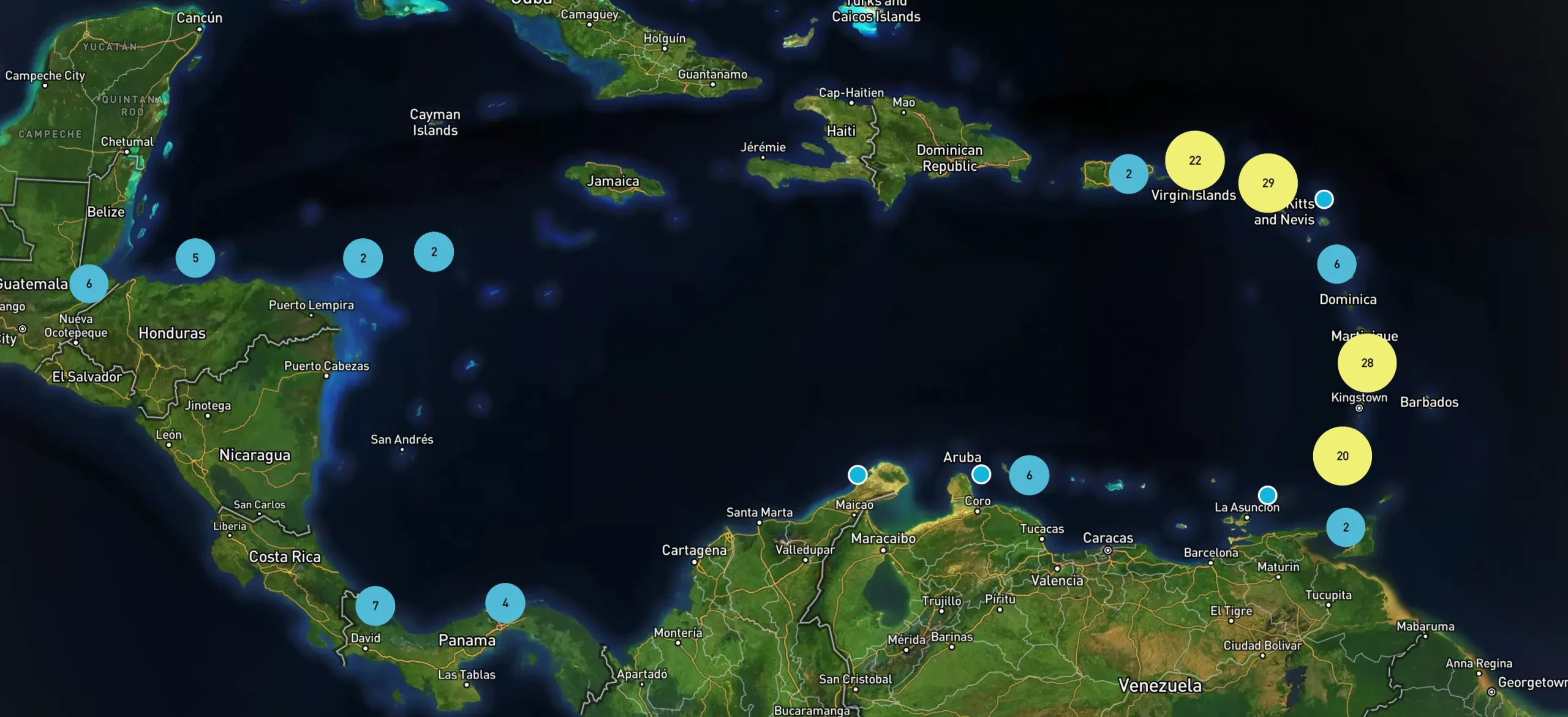 Map of Caribbean islands and locations of Crime Incidents
